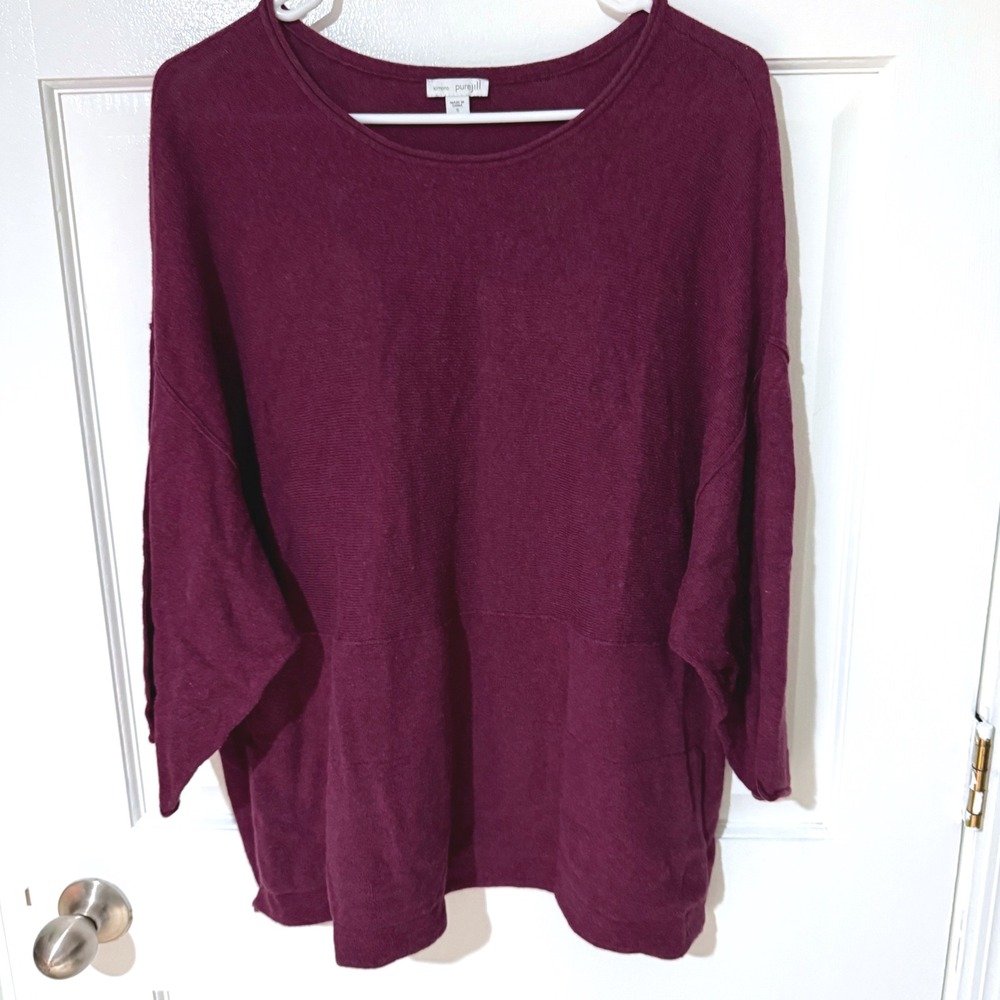 Pure Jill Kimono Sweater Womens Small Burgundy Cotton Cashmere Knit 3/4 Sleeve